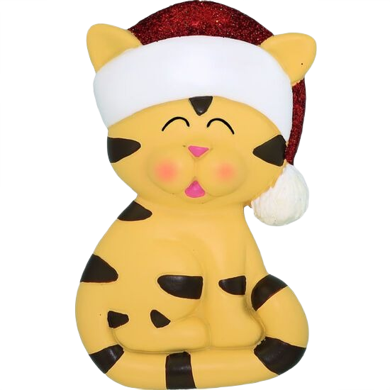 Yellow tiger cat figurine with closed eyes wearing a red and white Santa hat in Christmas Ornaments collection