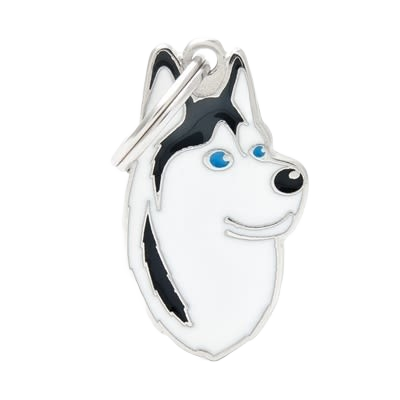 Hand-enameled black and white Siberian Husky pet ID tag with blue eyes for personalized pet tags under $25 and Farm & Pet collection