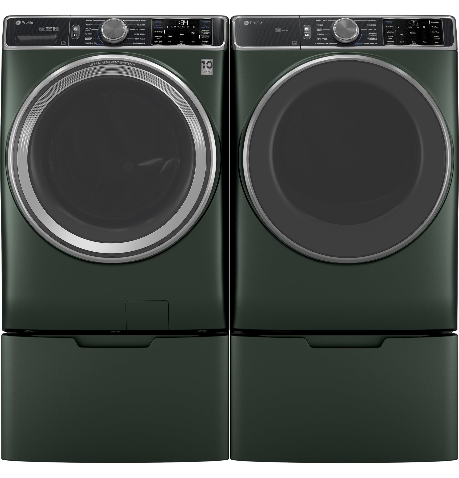 Dark green front load washer and gas dryer pair with digital controls in Washers & Dryers and Appliances collection