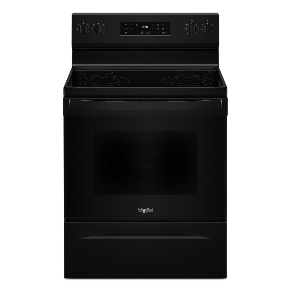 Black electric range with smooth cooktop, digital control panel, and oven door from electric ranges collection