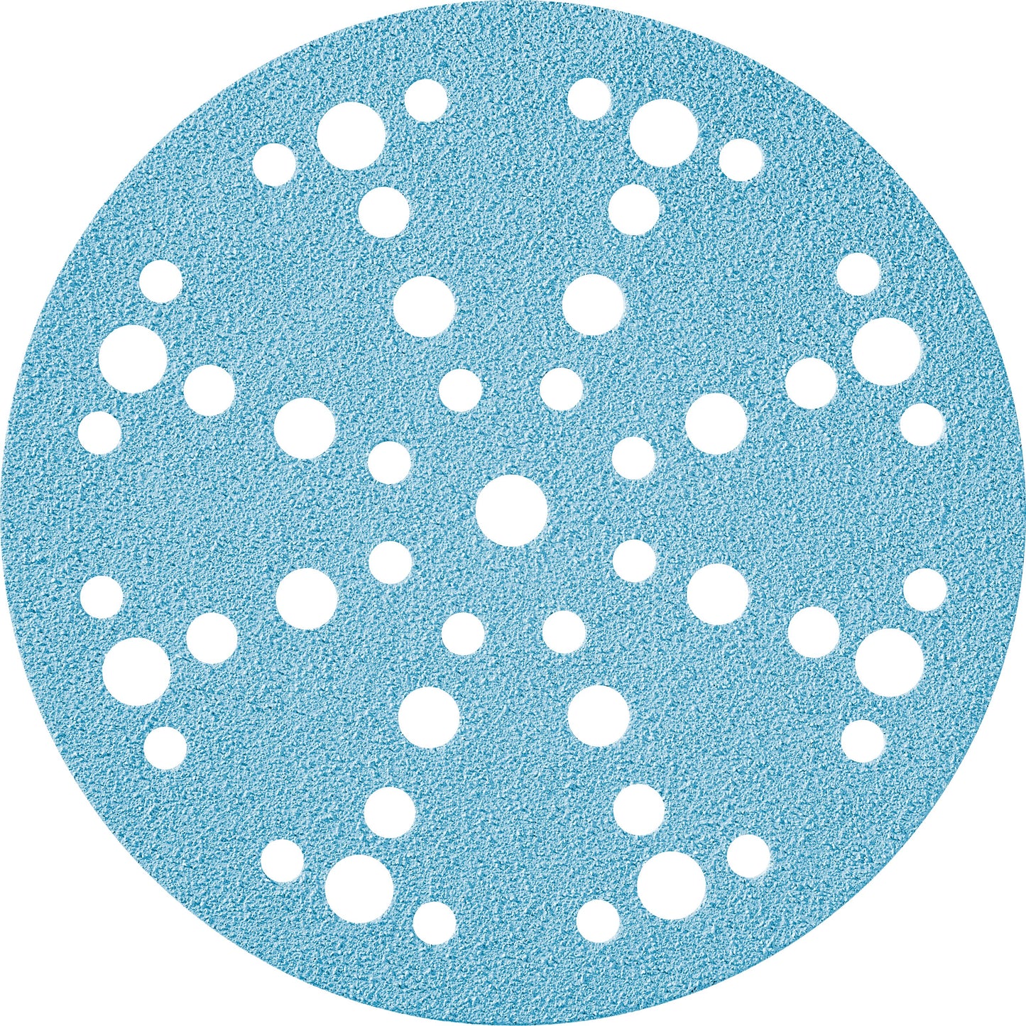 Light blue circular sanding disc with multiple evenly spaced holes for dust extraction in power tool accessories collection