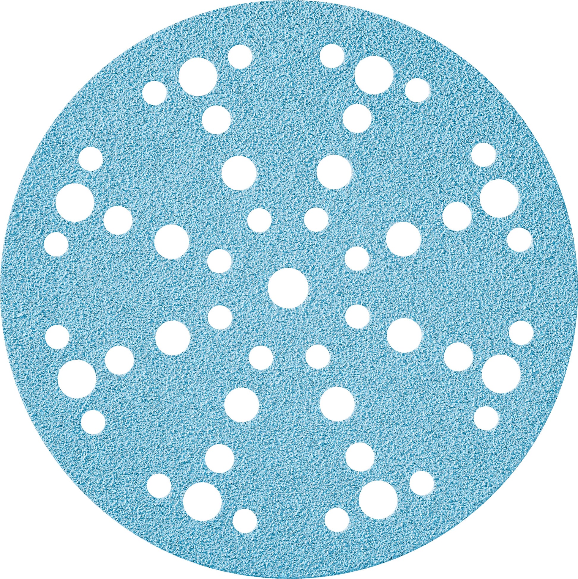 Light blue circular sanding disc with multiple evenly spaced holes for dust extraction in power tool accessories collection