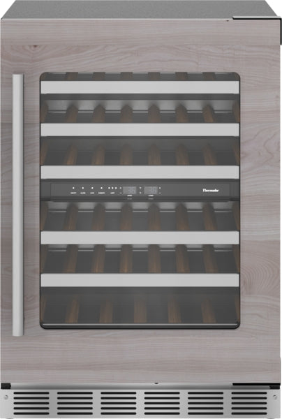 Under counter wine refrigerator with panel-ready wood door, glass window, metal handle, and adjustable shelves for kitchen use