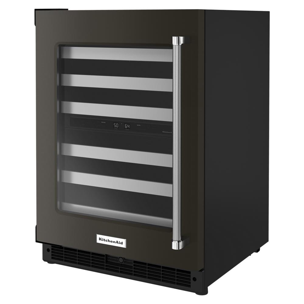 Undercounter wine cellar with glass door, stainless steel handle, metal-front racks, and dual temperature controls from KitchenAid Appliances
