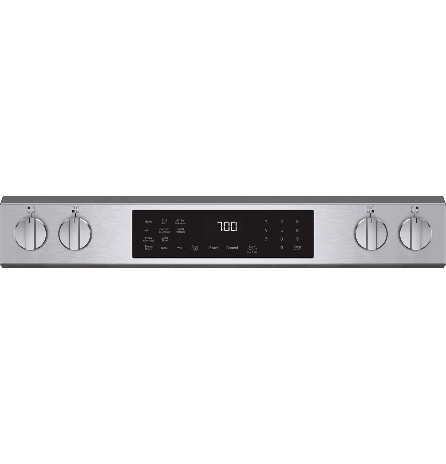 Front view of stainless steel control panel with four knobs and touch screen timer from kitchen appliances collection