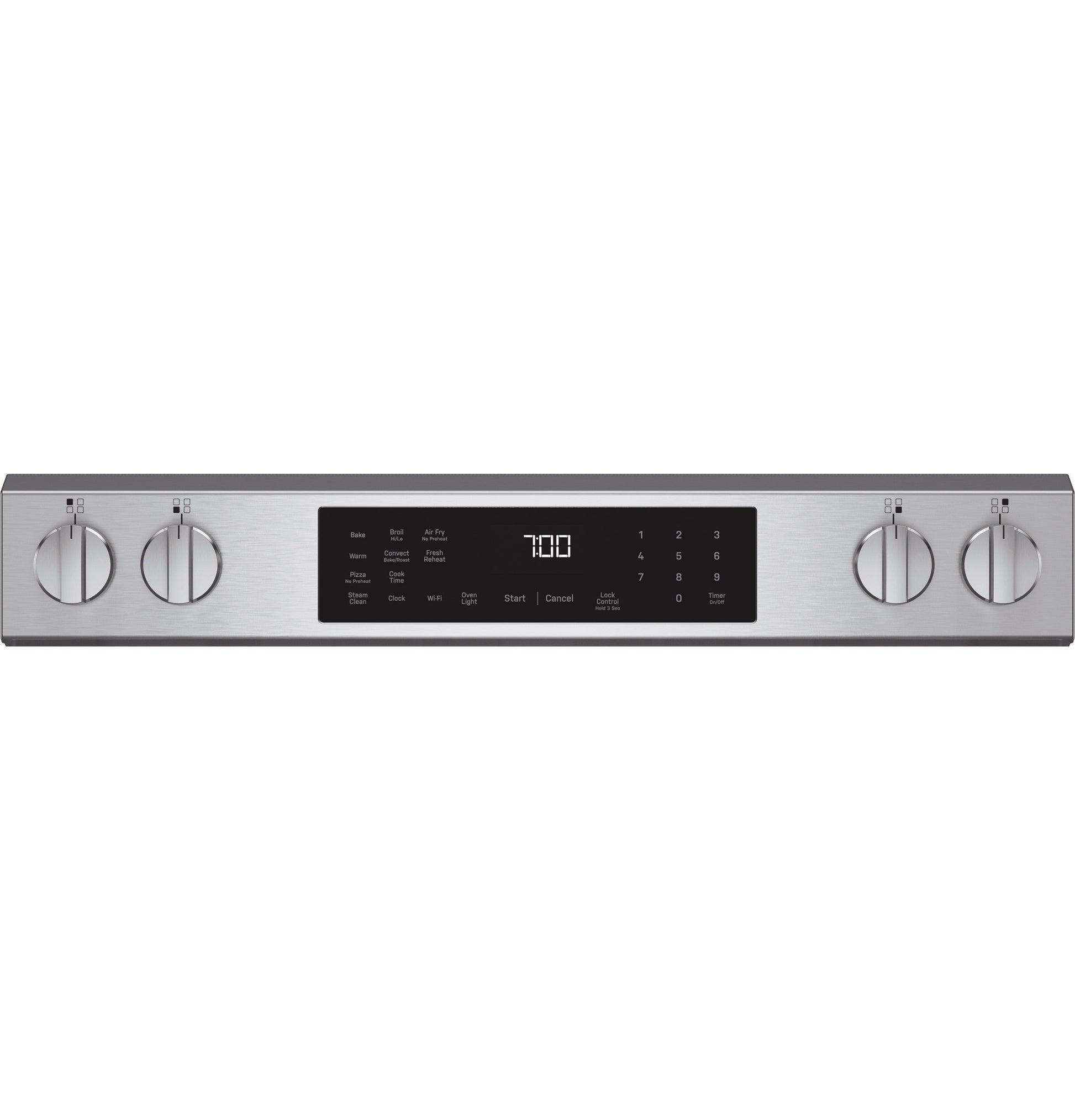 Front view of stainless steel control panel with four knobs and touch screen timer from kitchen appliances collection