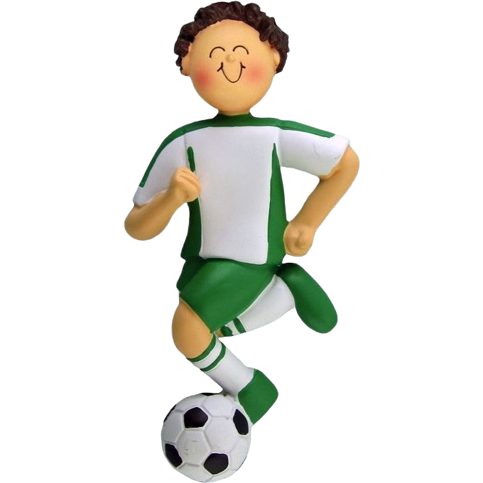 Brunette boy figurine in green and white soccer outfit with ball, festive Christmas ornament under $50 collection