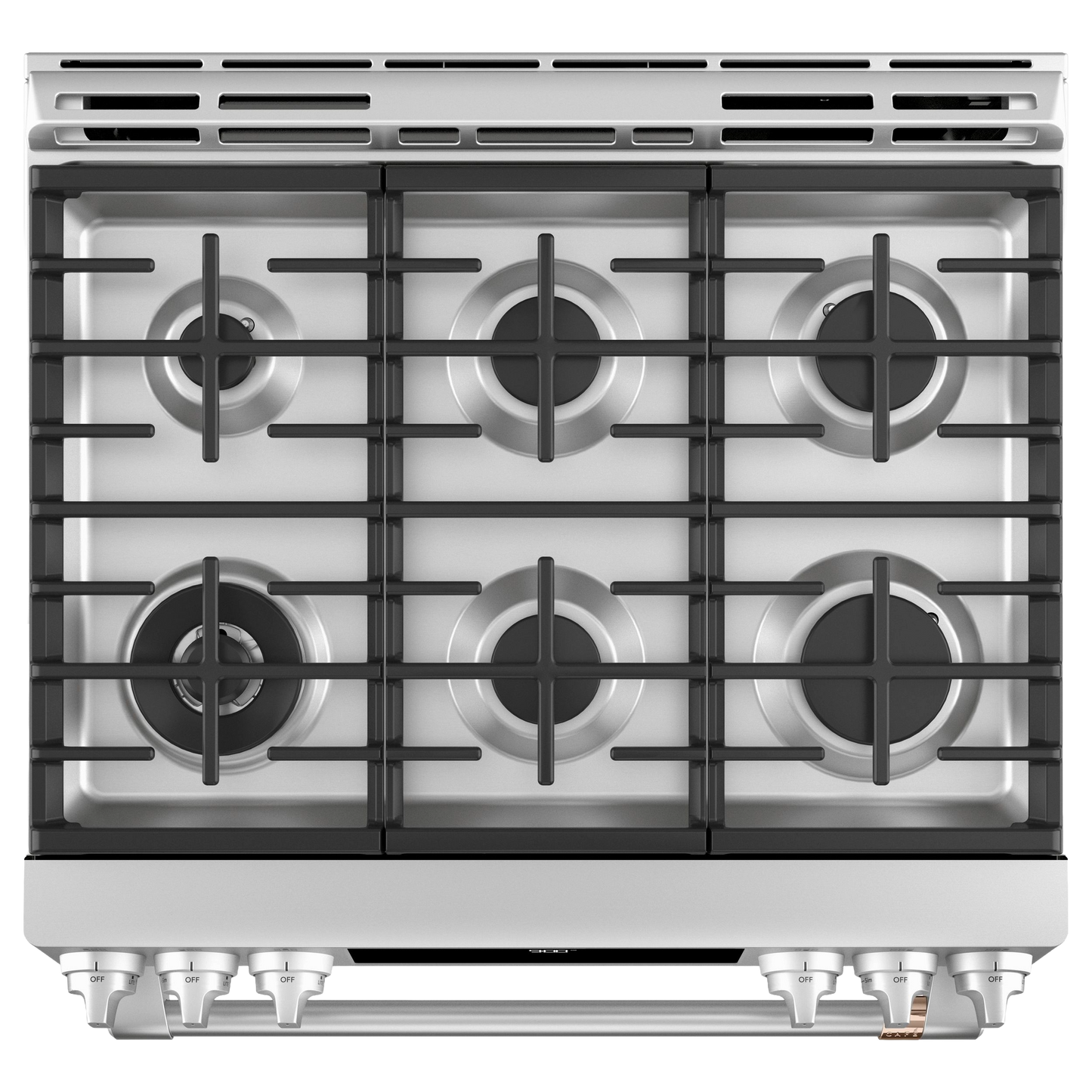 Top view of stainless steel dual-fuel range cooktop with six burners and front control knobs in kitchen appliances collection
