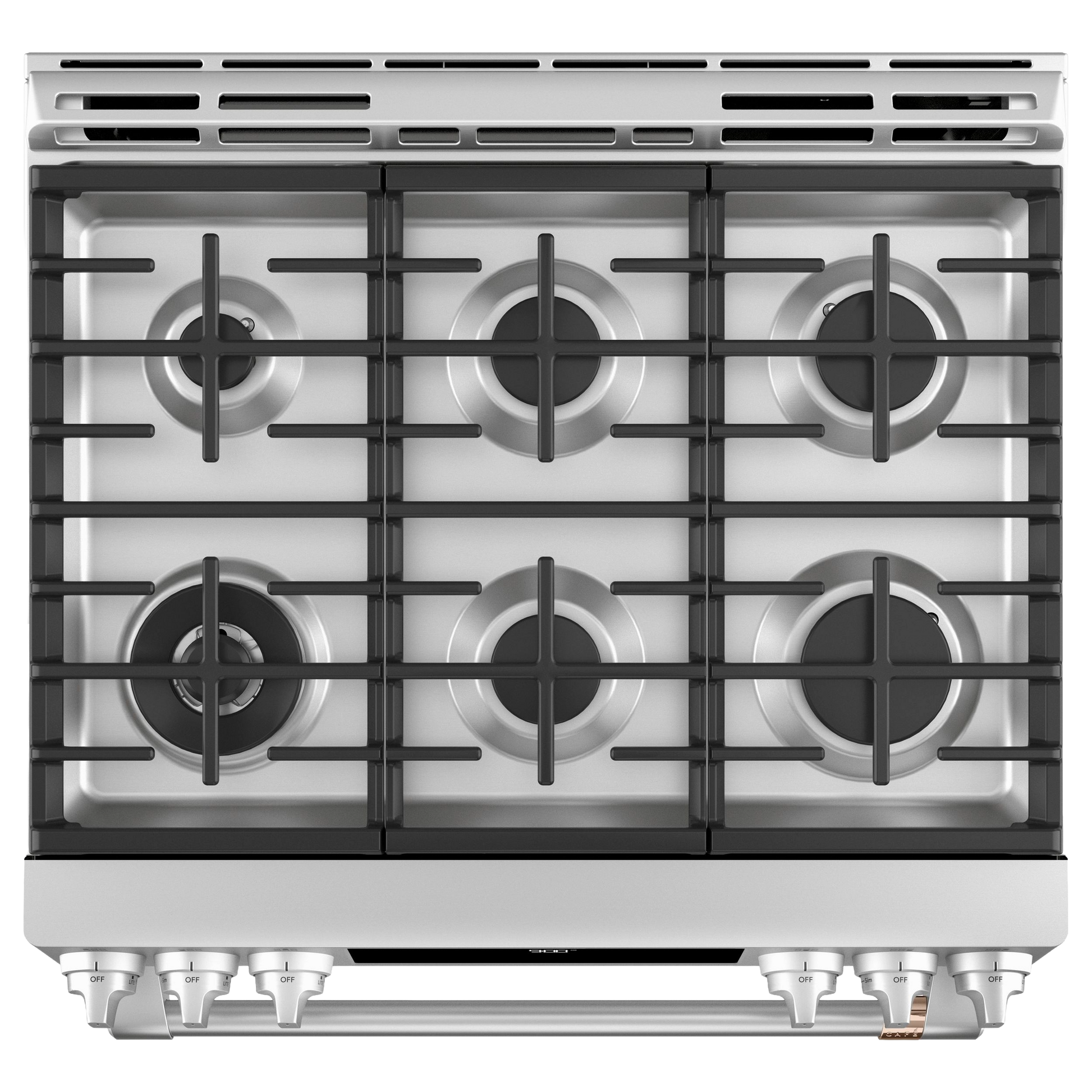 Top view of stainless steel dual-fuel range cooktop with six burners and front control knobs in kitchen appliances collection