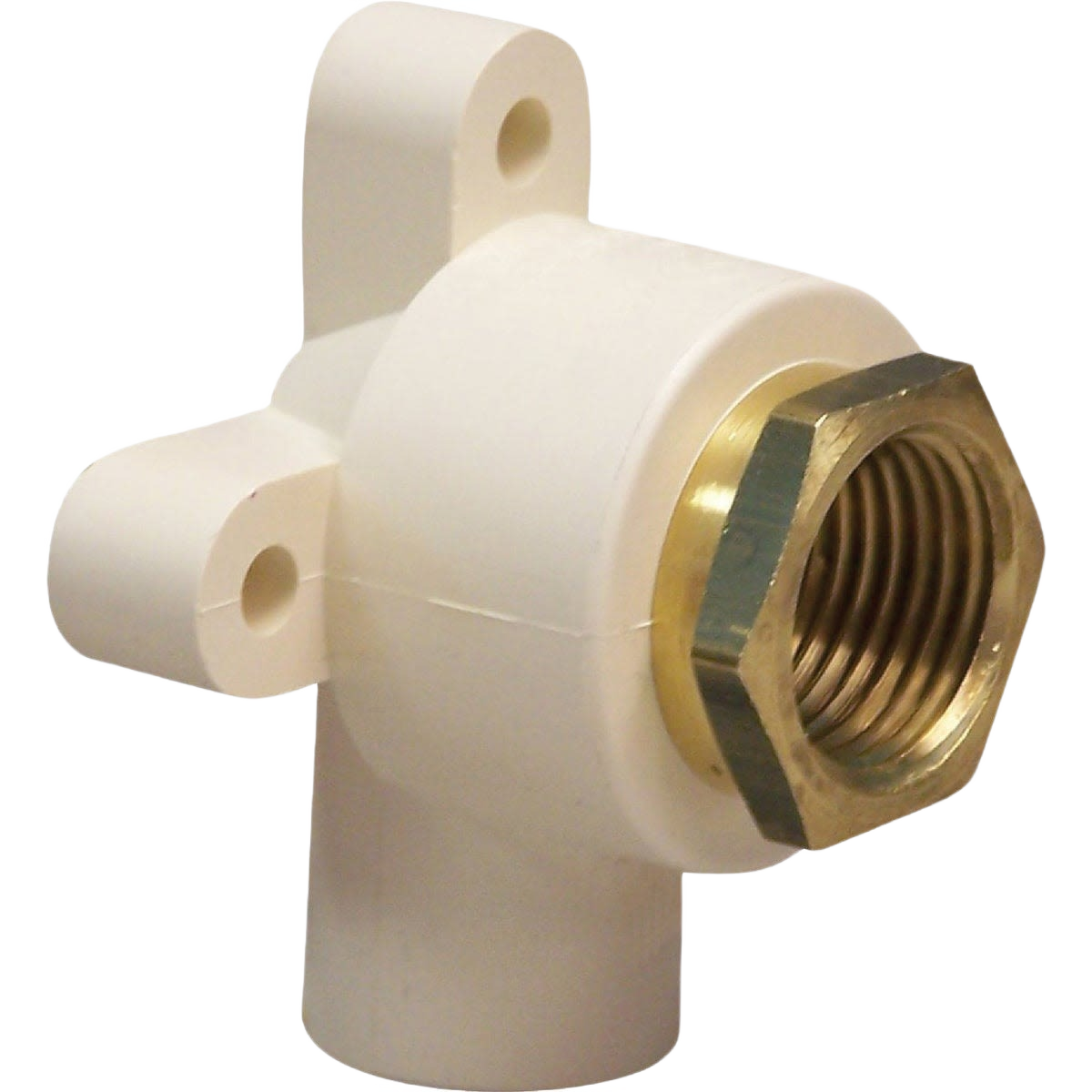 Brass and white PVC drop ear elbow fitting for plumbing and irrigation projects under $50 in home improvement tools