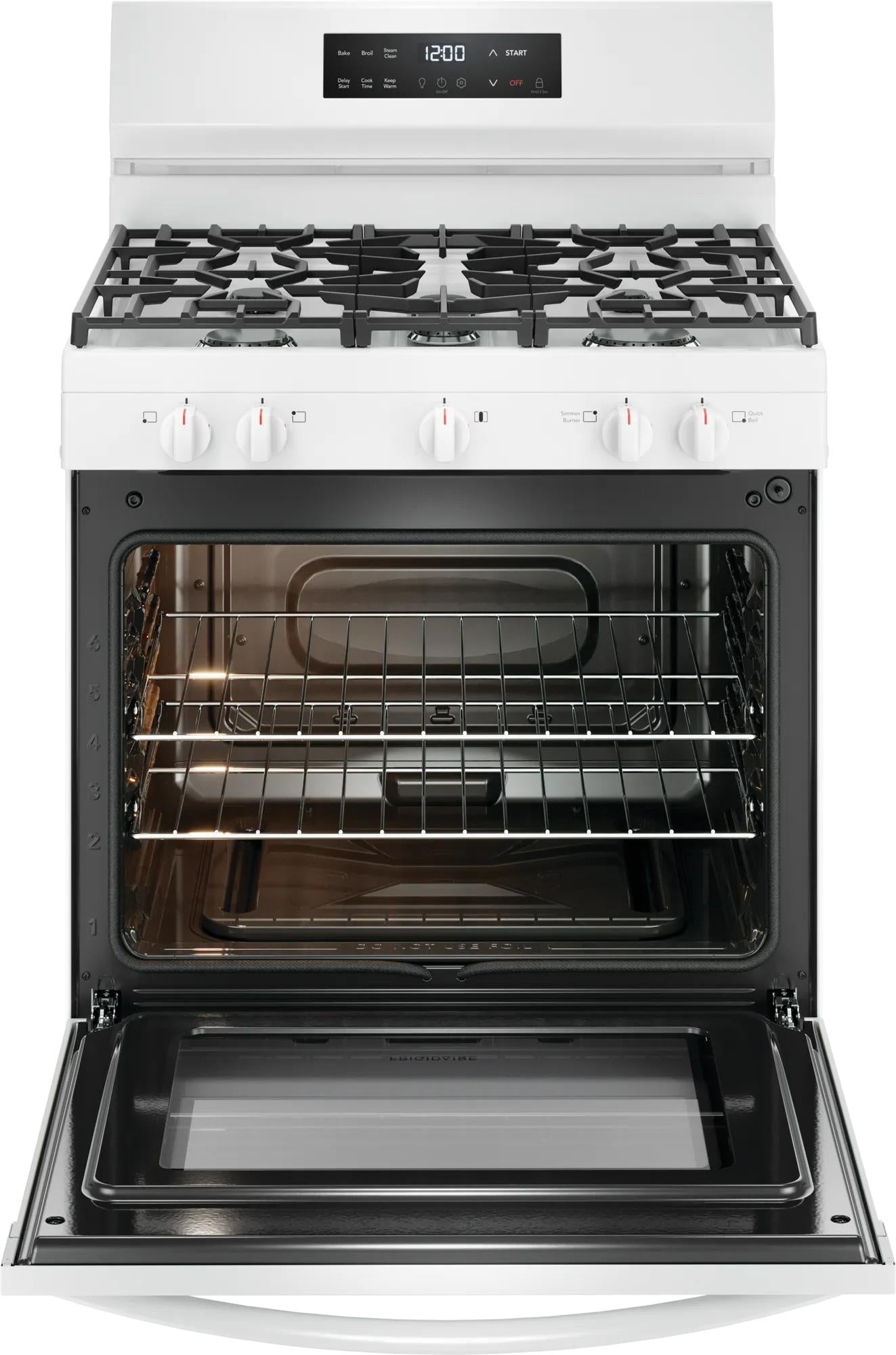 White 30-inch gas range with five burners and open oven door showing interior racks for kitchen and home improvement use