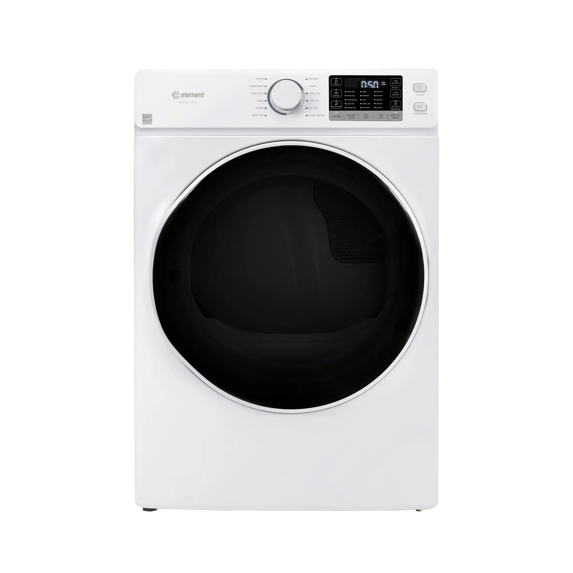 Front view of white front load gas dryer with digital controls from Dryers and Appliances collection