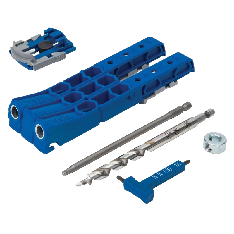 Blue plastic pocket hole jig with drill bit, stop collar, and driver bit for woodworking and home improvement tasks