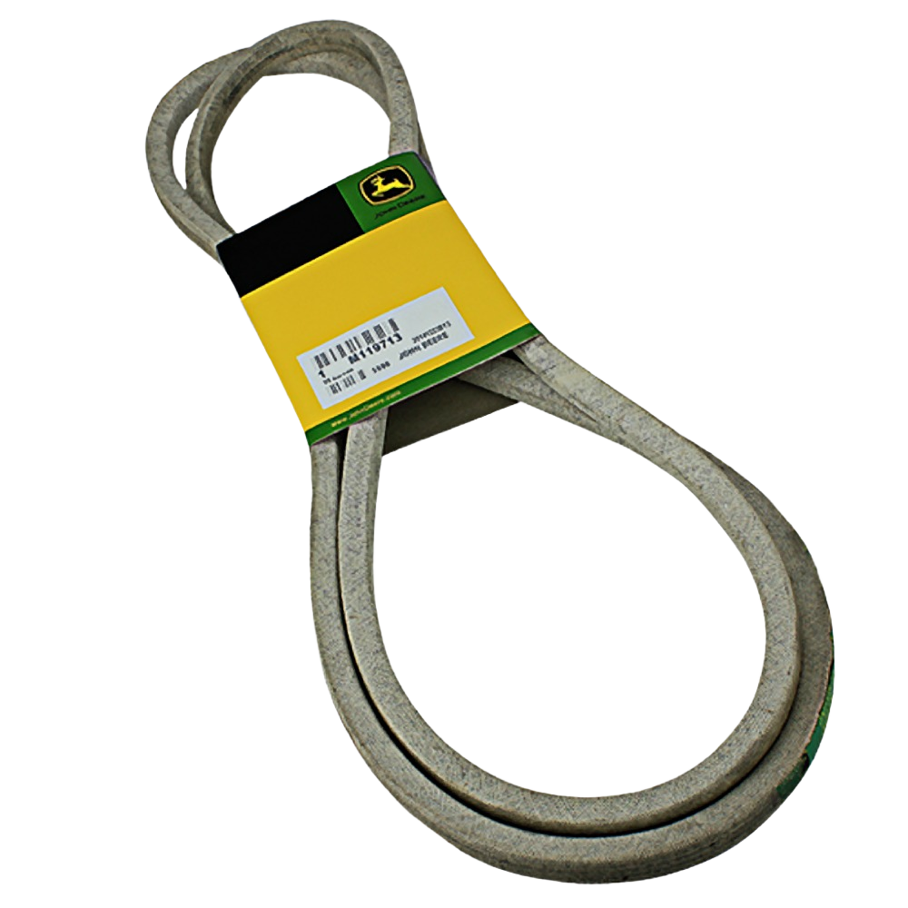 Replacement drive belt with packaging featuring John Deere branding for tools and home improvement tasks