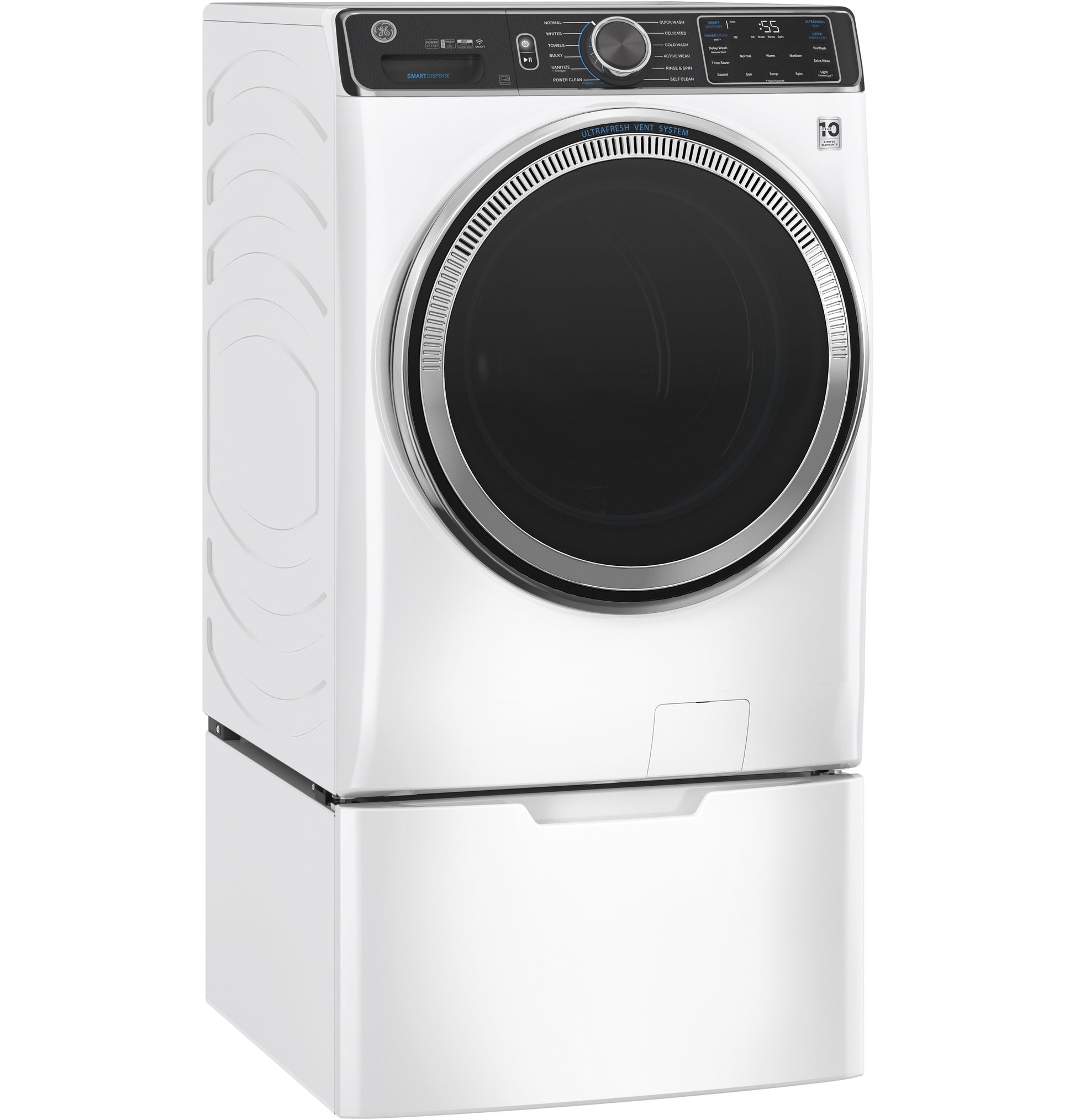White front-load washing machine on matching pedestal for laundry appliance organization and storage solutions