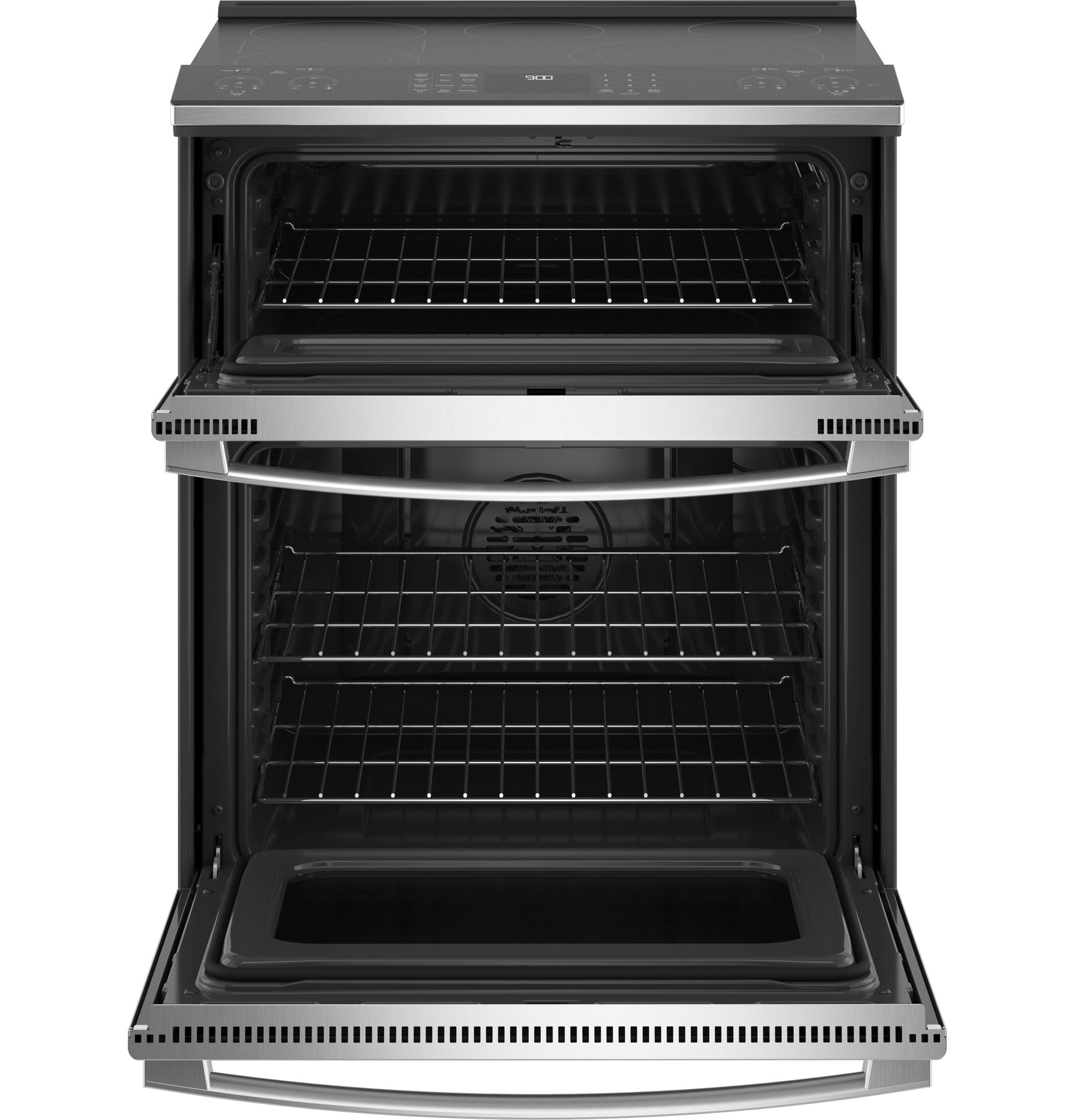Double oven slide-in electric convection range in stainless steel shown with both oven doors open in kitchen appliances collection