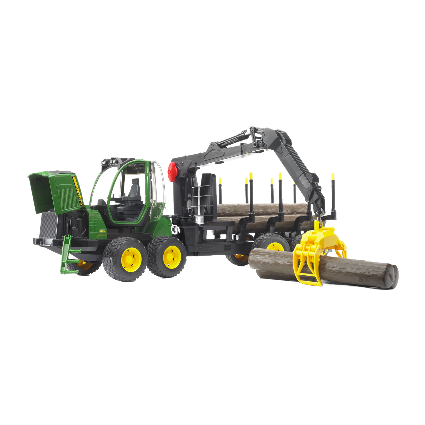 Green and yellow forwarder toy with black crane lifting a wooden log from Bruder Toys under $100 collection