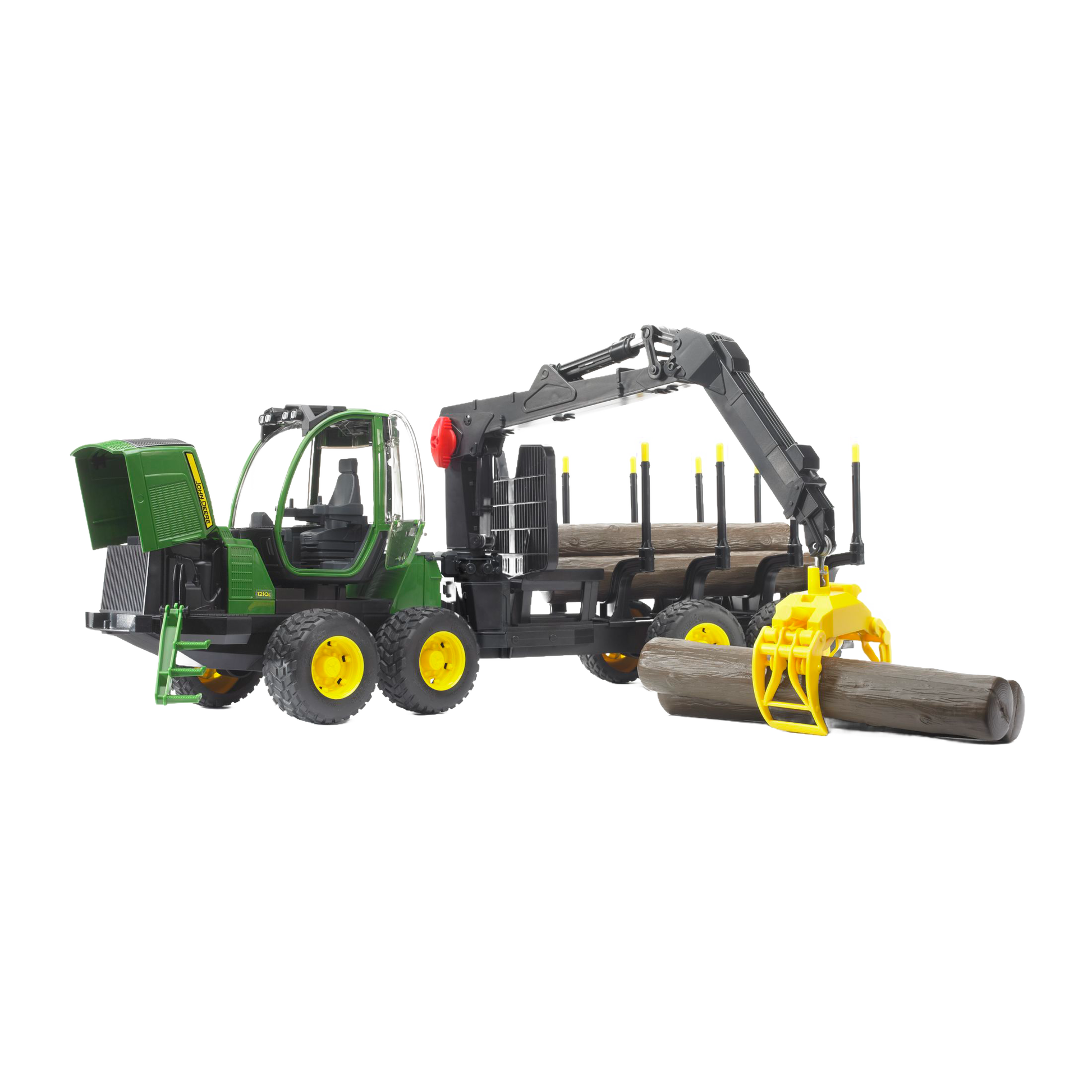 Green and yellow forwarder toy with black crane lifting a wooden log from Bruder Toys under $100 collection