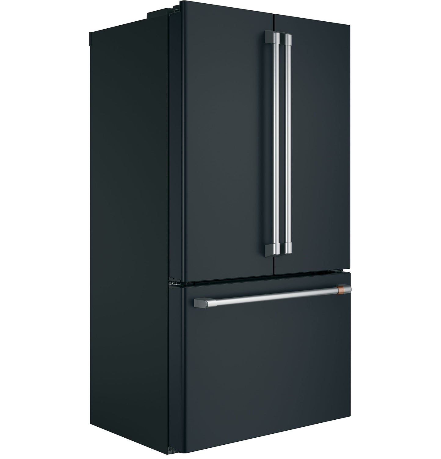 Black counter-depth French-door refrigerator with bottom freezer drawer for kitchen and appliance collections