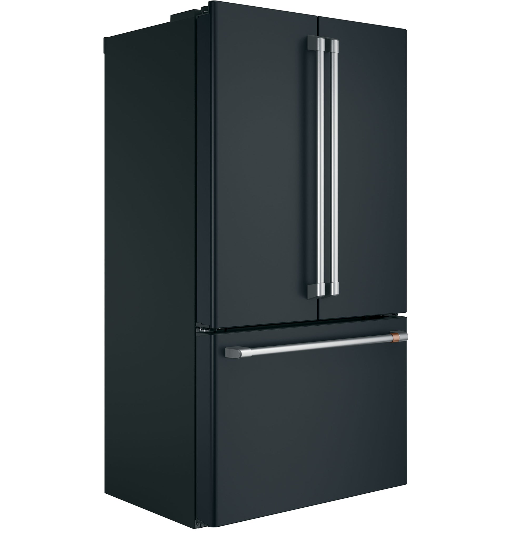 Black counter-depth French-door refrigerator with bottom freezer drawer for kitchen and appliance collections