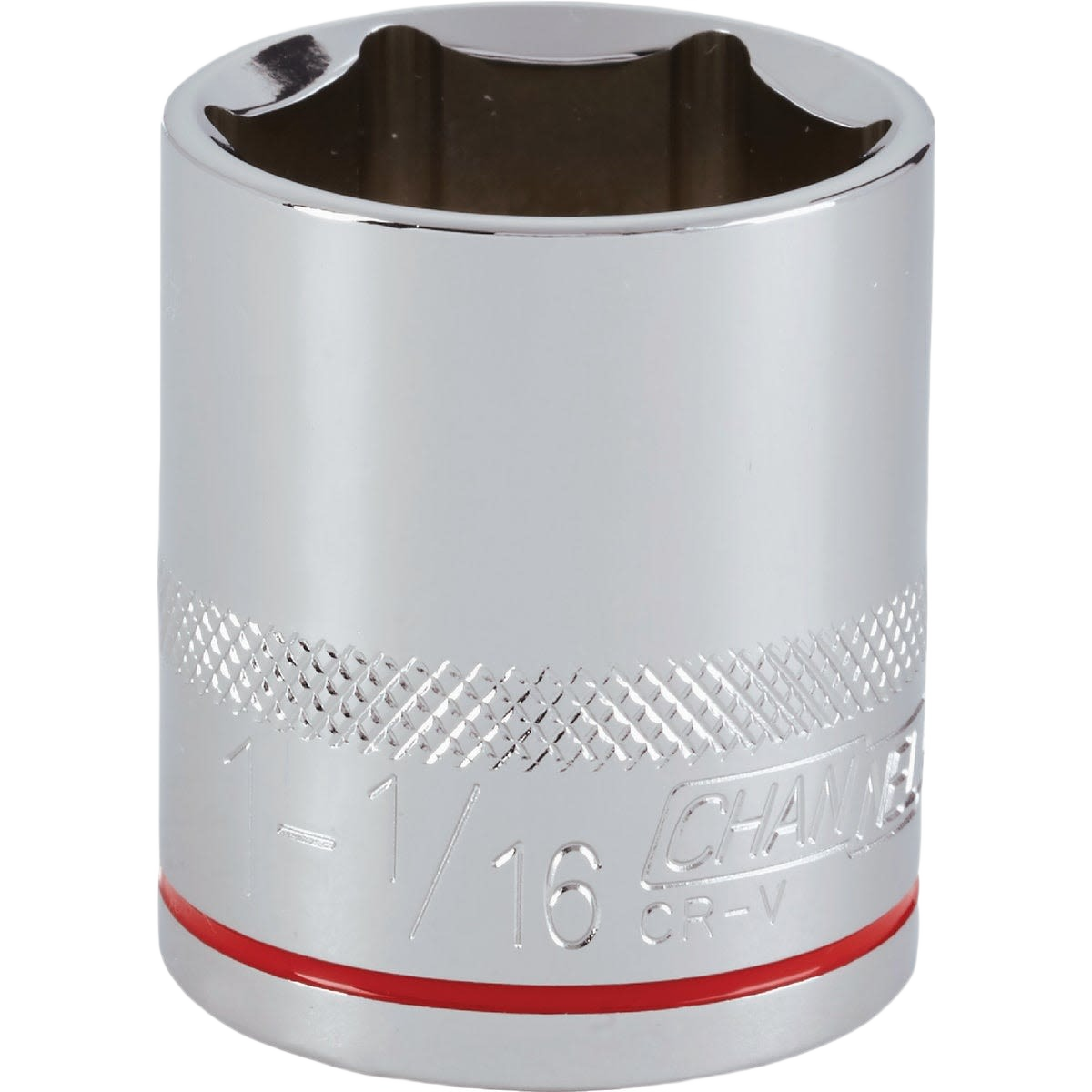 Chrome-finished 6-point shallow socket with 1/2 inch drive and knurled grip for tools and home improvement use
