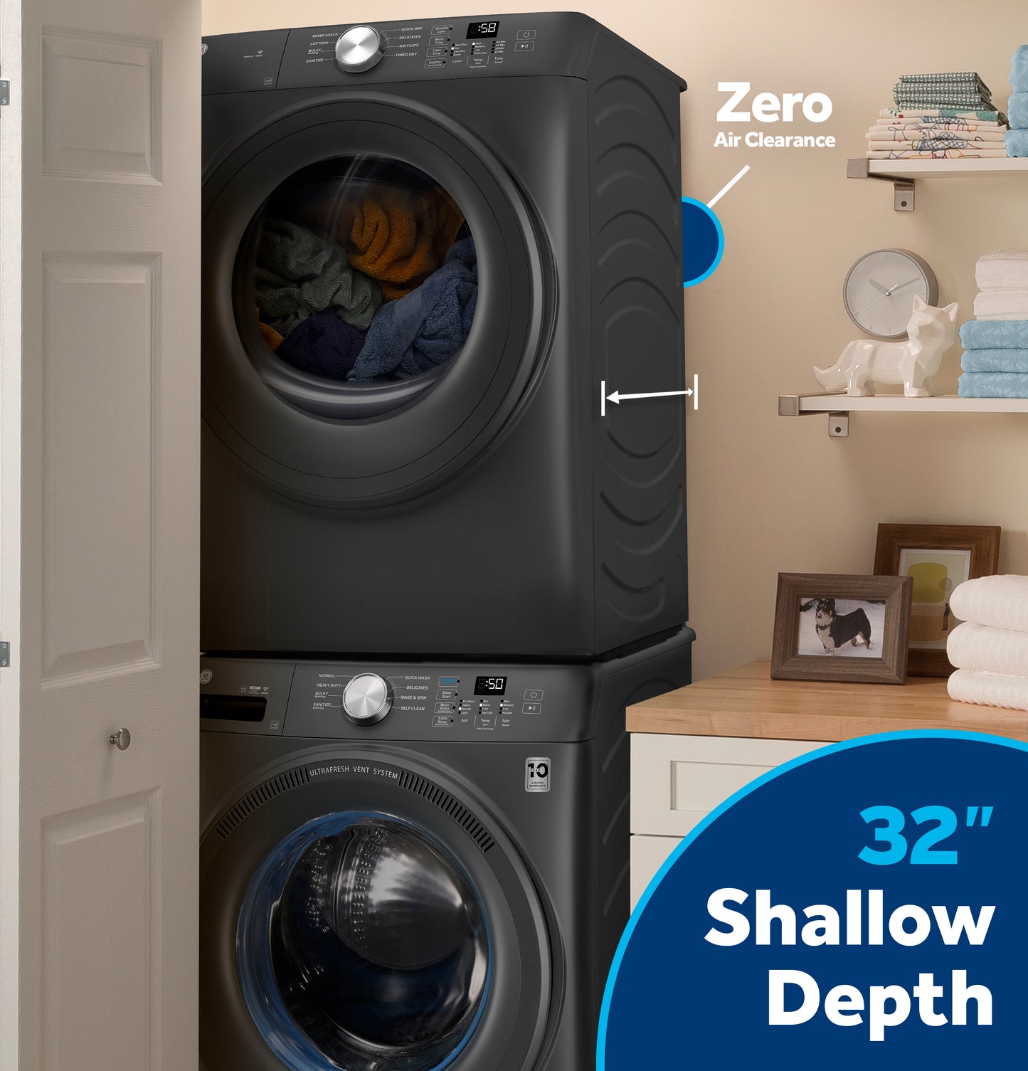 Stacked black front load washer and dryer set in compact laundry closet highlighting shallow 32-inch depth design