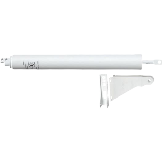 White door closer mechanism with mounting bracket for storm or screen doors in home improvement projects