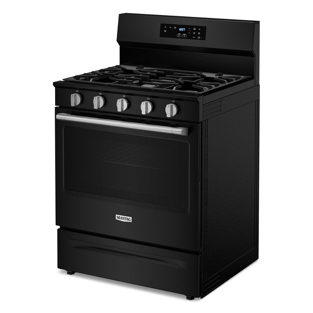 Black freestanding 30-inch gas range with five burners and digital control panel for kitchen and home improvement collections