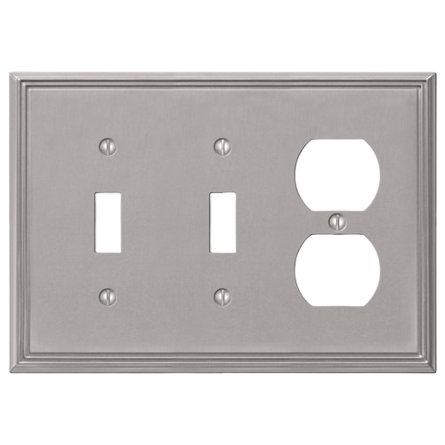 Brush nickel metal wall plate with two toggle switch openings and one duplex outlet cutout for home improvement