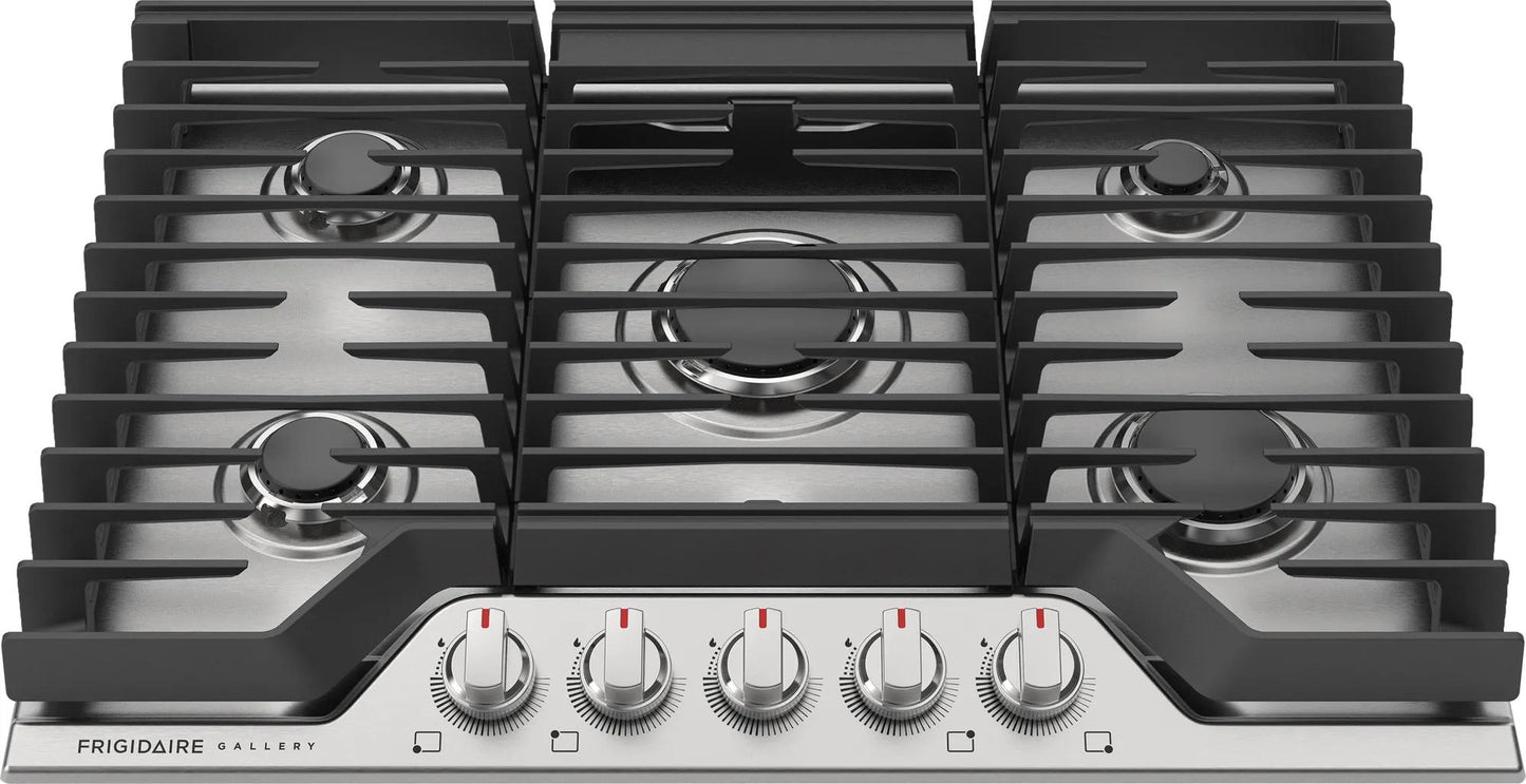 Stainless steel 30" gas cooktop with five burners and continuous cast iron grates in Cooktops collection