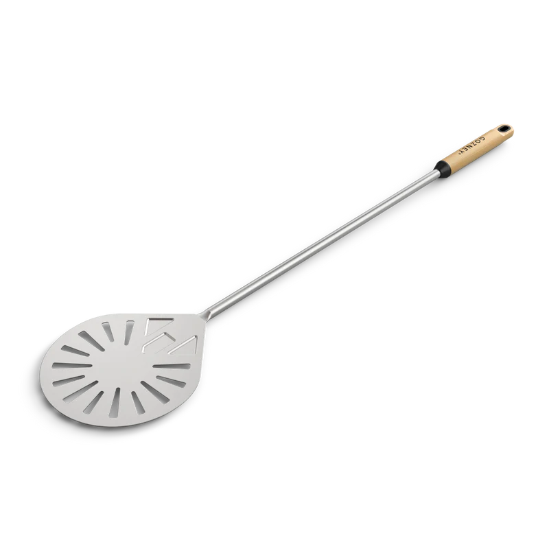 Long-handled pizza peel with slotted metal surface and wooden grip for use in tools and home improvement projects
