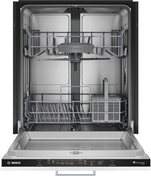 Open stainless steel dishwasher interior featuring upper and lower racks with utensil basket for Bosch kitchen appliances