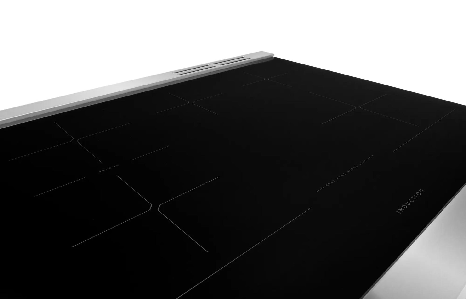 Black smooth glass induction cooktop with multiple cooking zones and sleek stainless steel trim for modern kitchens