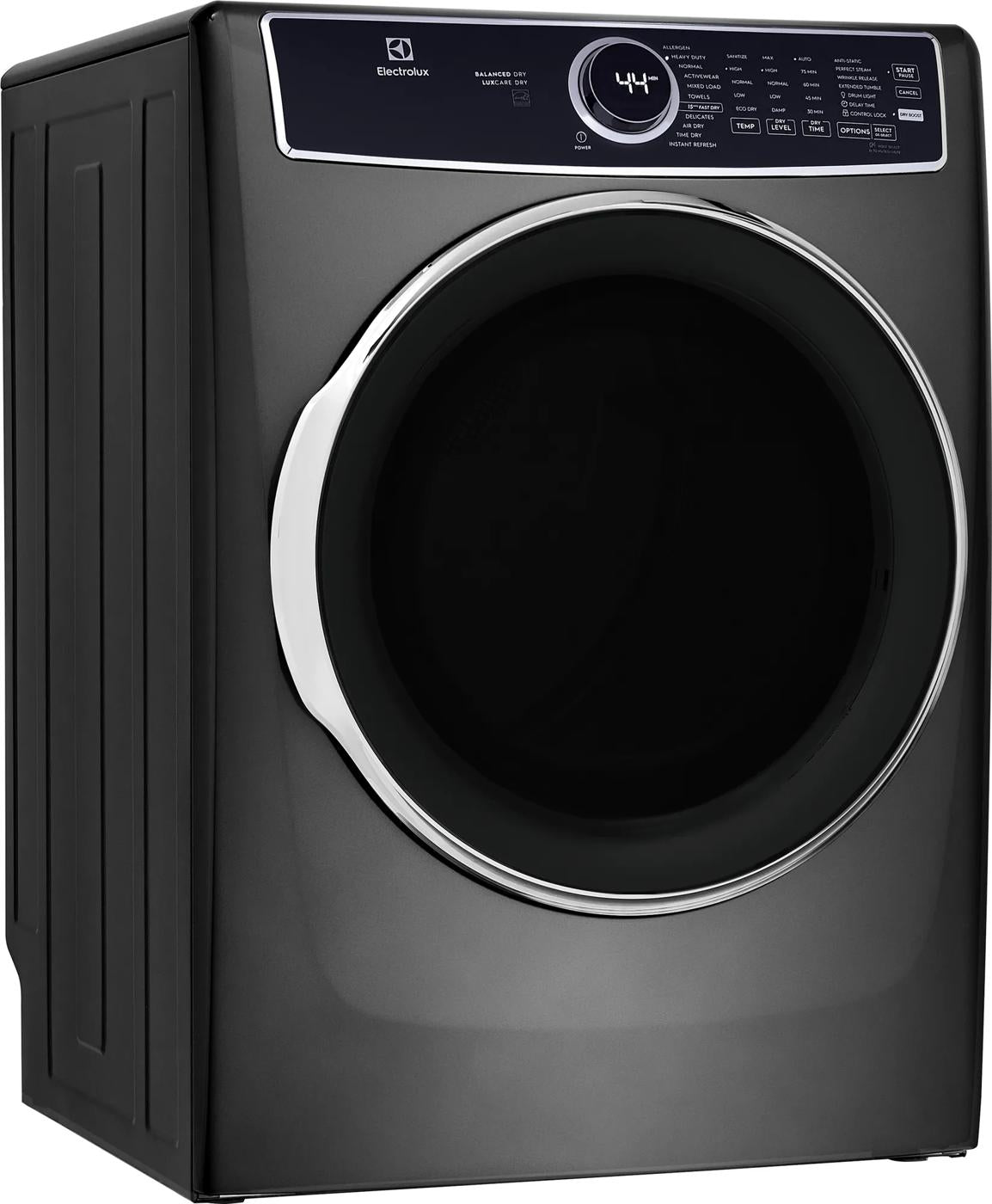 Dark gray front load electric dryer with chrome-trimmed door and digital control panel in appliance setting