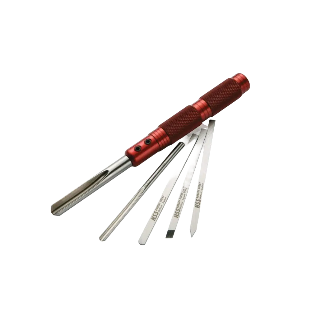 Compact red-handle modular micro woodturning tool set with five interchangeable blades for precision woodworking tasks