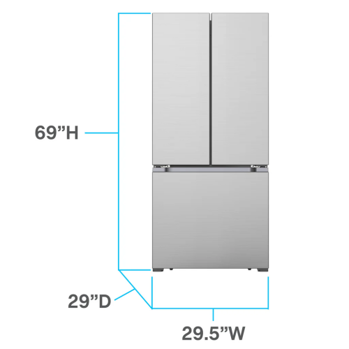 Stainless steel French door refrigerator with freezer drawer and dimensions for kitchen and appliance use.