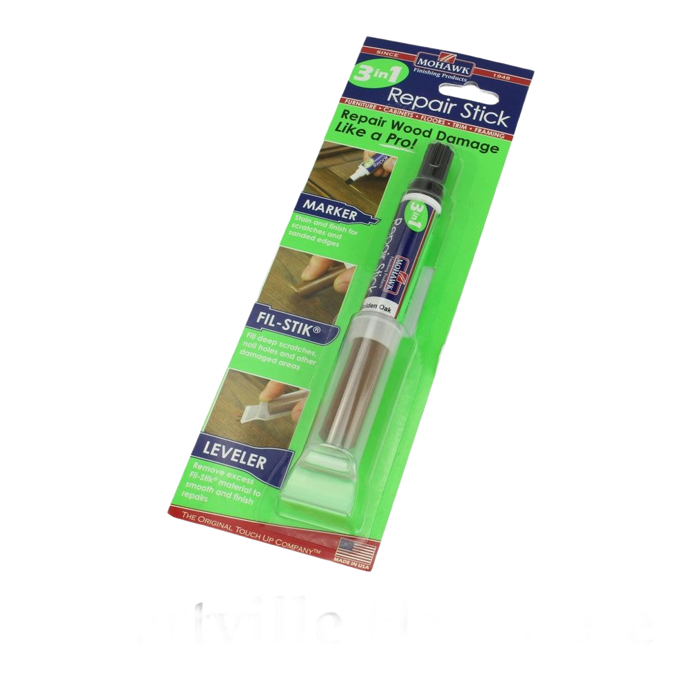Mohawk 3-in-1 repair stick for wood damage with marker, filler, and leveler in Golden Oak for home improvement projects