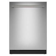 Front view of sleek stainless steel top control dishwasher with handle from kitchen appliances collection