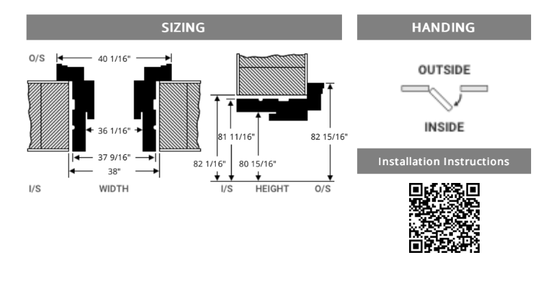 Diagram showing dimensions and handing details for a right hand inswing fiberglass entry door with installation QR code