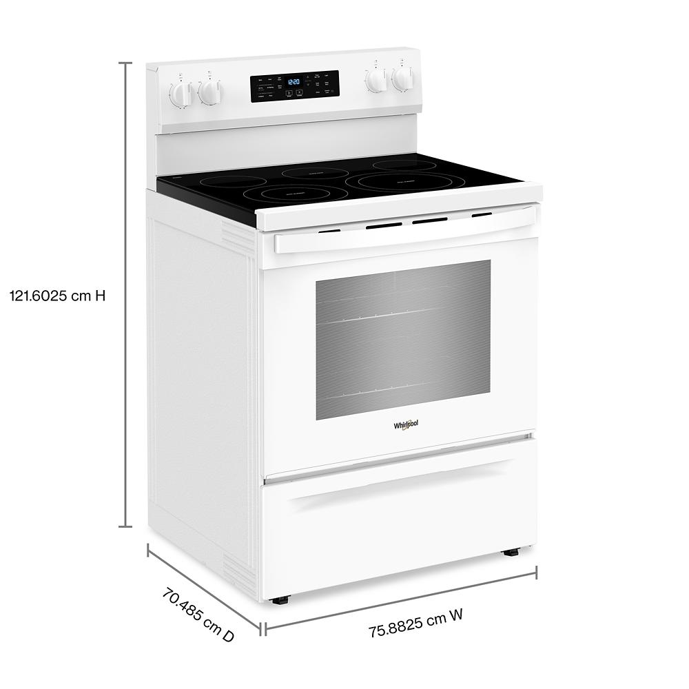 White electric range with digital control panel, four smooth cooktop burners, and oven door with window for kitchen use