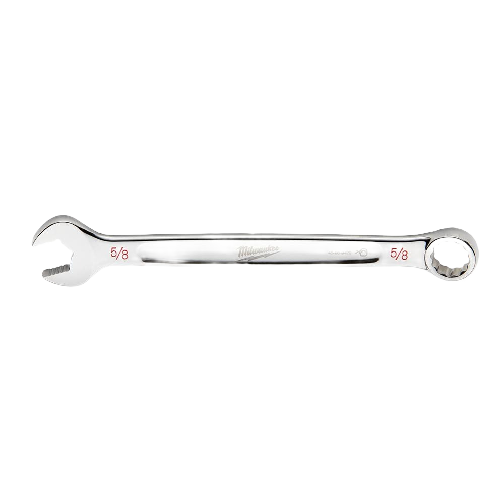 Chrome-plated 5/8-inch SAE combination wrench with open-end and box-end for home improvement tasks