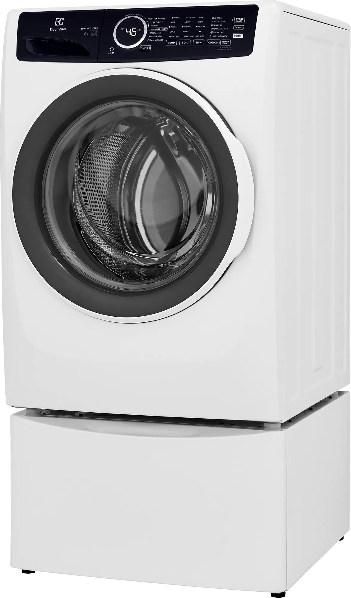 White front load washer with black door trim and digital control panel, part of front load washers and appliances collection