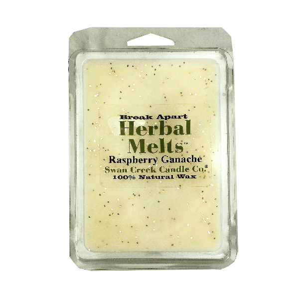 Natural wax melts with raspberry ganache scent in a break-apart clamshell pack for home fragrance use