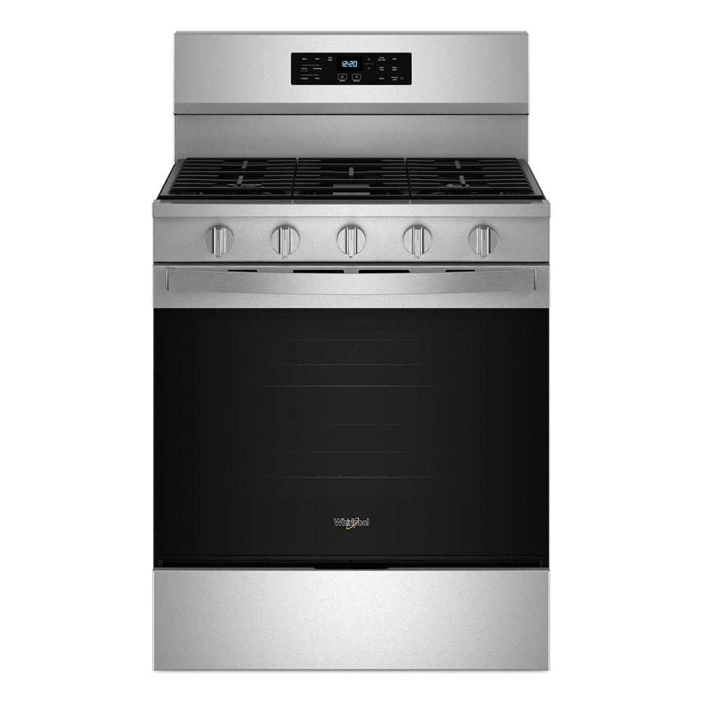 Front view of stainless steel 30-inch gas range with digital control panel and five knobs from Ranges & Kitchenware collection