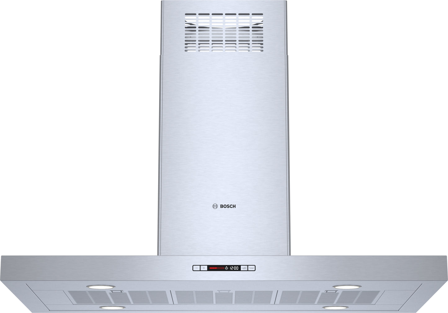 Stainless steel island range hood with digital controls and halogen lighting in Bosch appliances collection