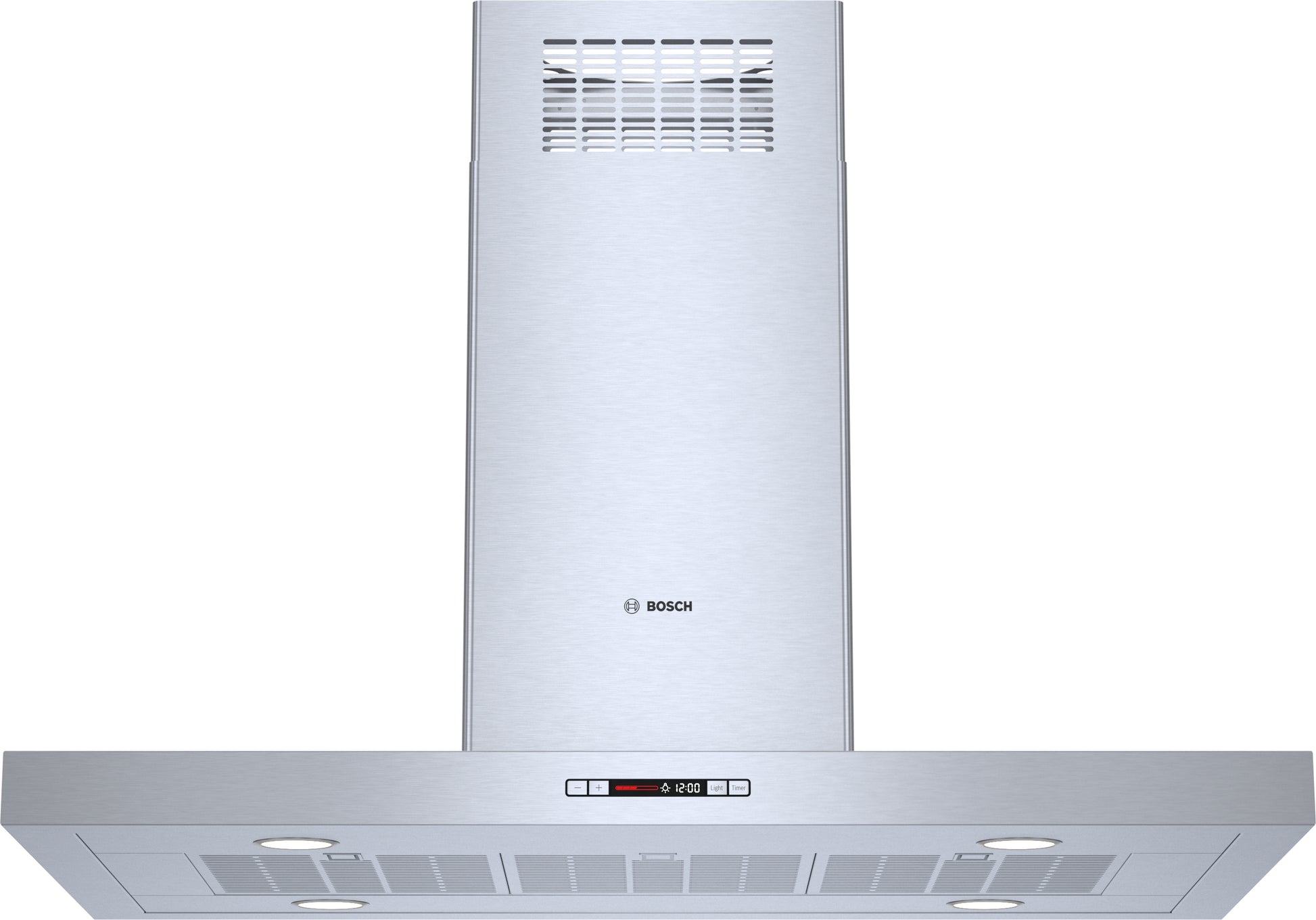 Stainless steel island range hood with digital controls and halogen lighting in Bosch appliances collection
