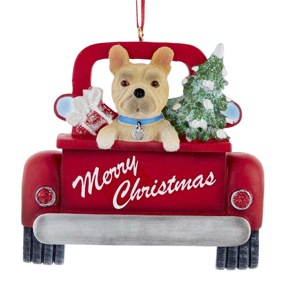Red resin Christmas ornament with French Bulldog in a truck bed holding tree and gift for holiday decor under $50
