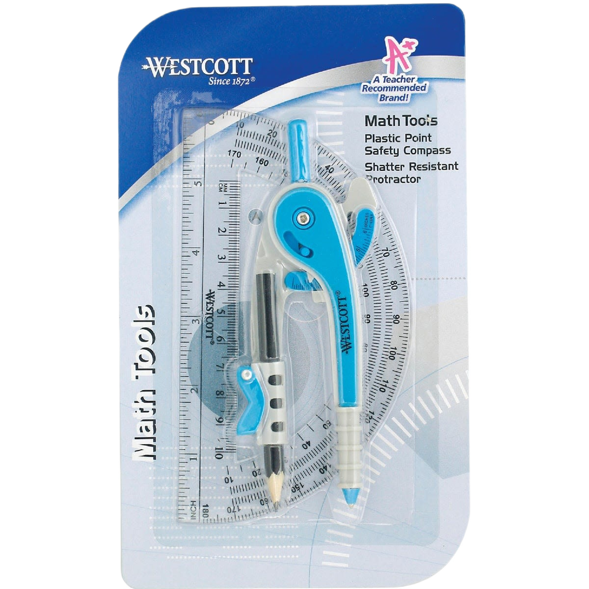 Blue and white plastic compass and clear shatter-resistant protractor in Office Supplies & Stationary collection under $25
