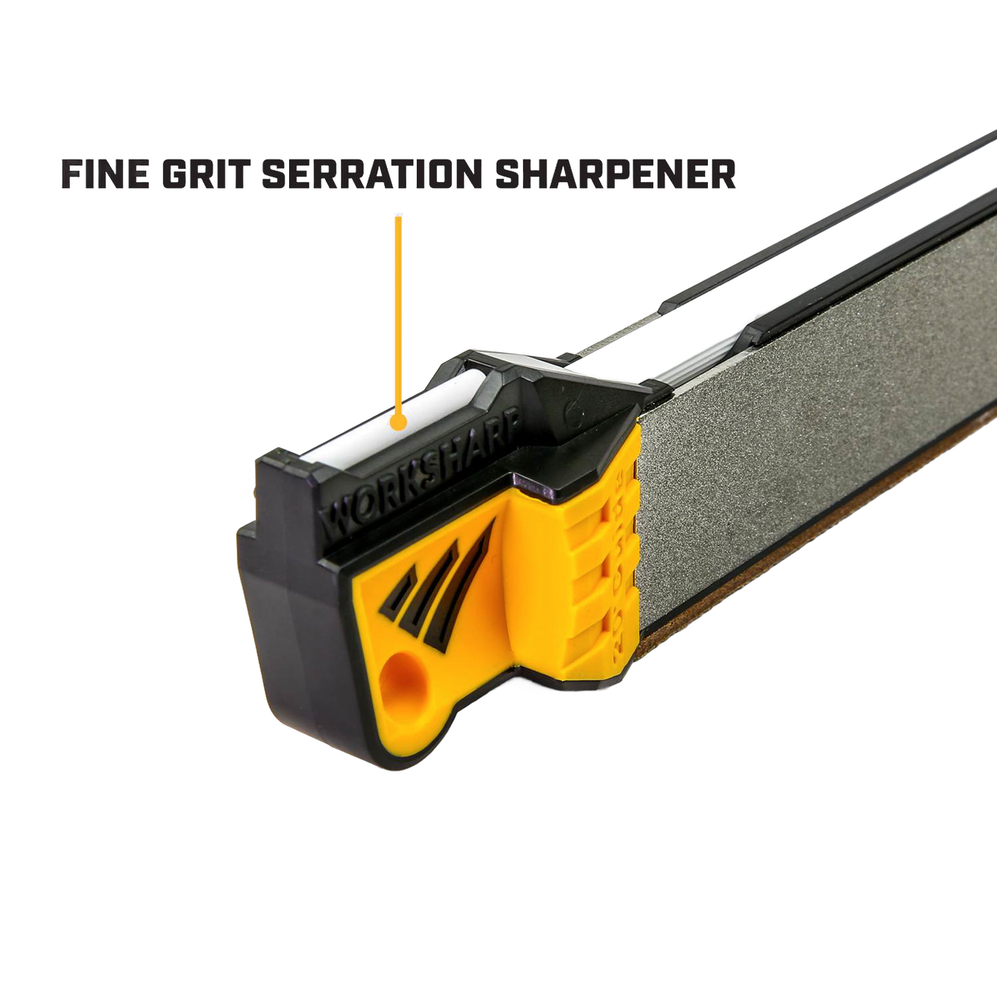 Close-up of a yellow and black fine grit serration sharpener from a guided field sharpener for kitchen and woodworking tools.