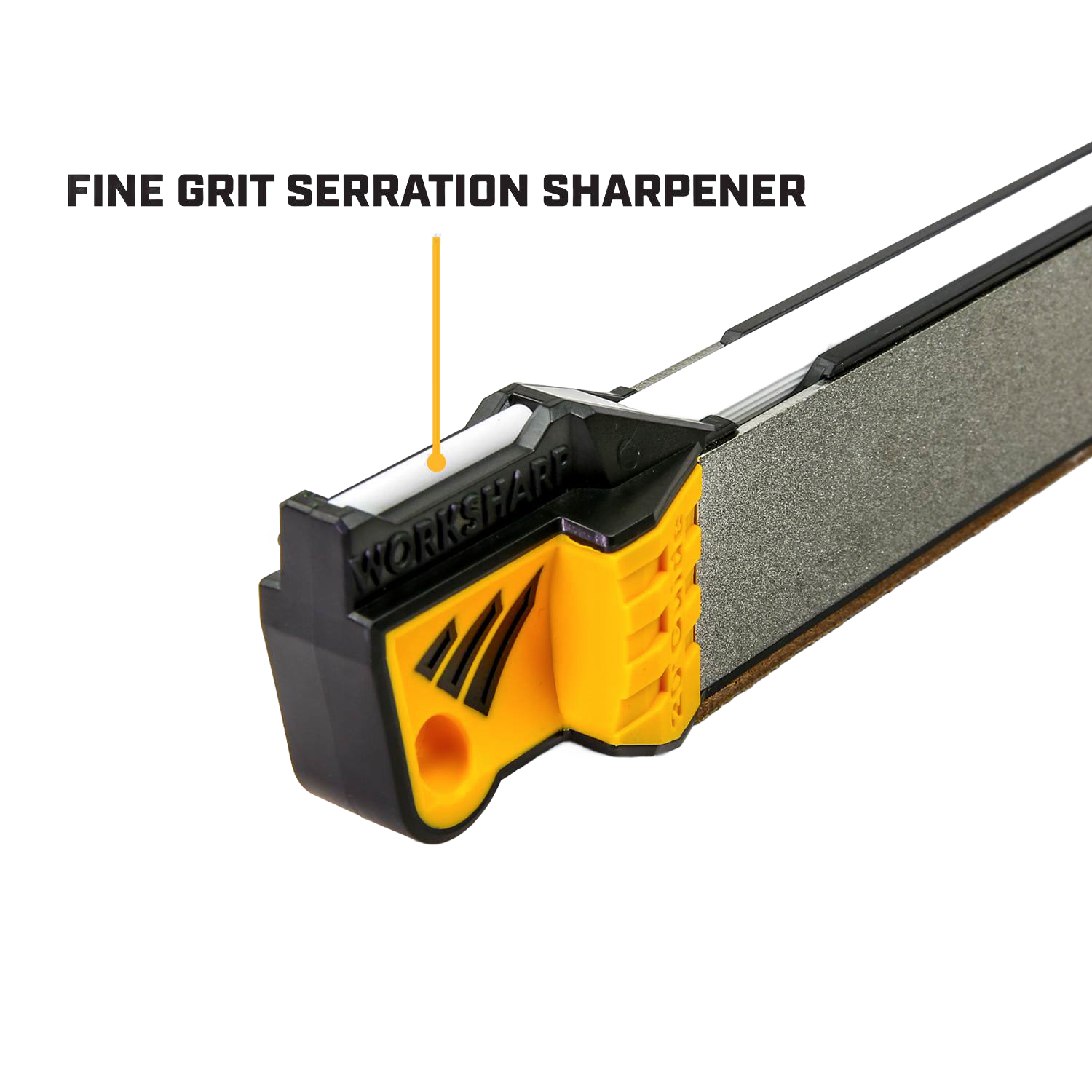 Close-up of a yellow and black fine grit serration sharpener from a guided field sharpener for kitchen and woodworking tools.
